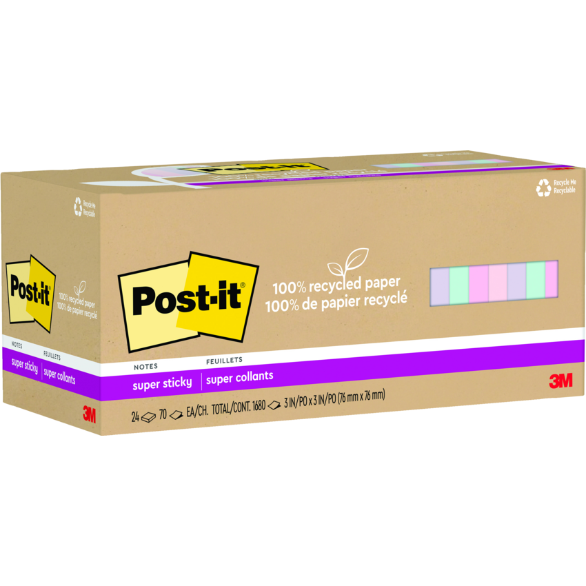 Post-it® 100% Recycled Paper Super Sticky Notes 3" x 3" 70 sheets per pad Assorted Wanderlust Pastel Colours 24 pads/pkg