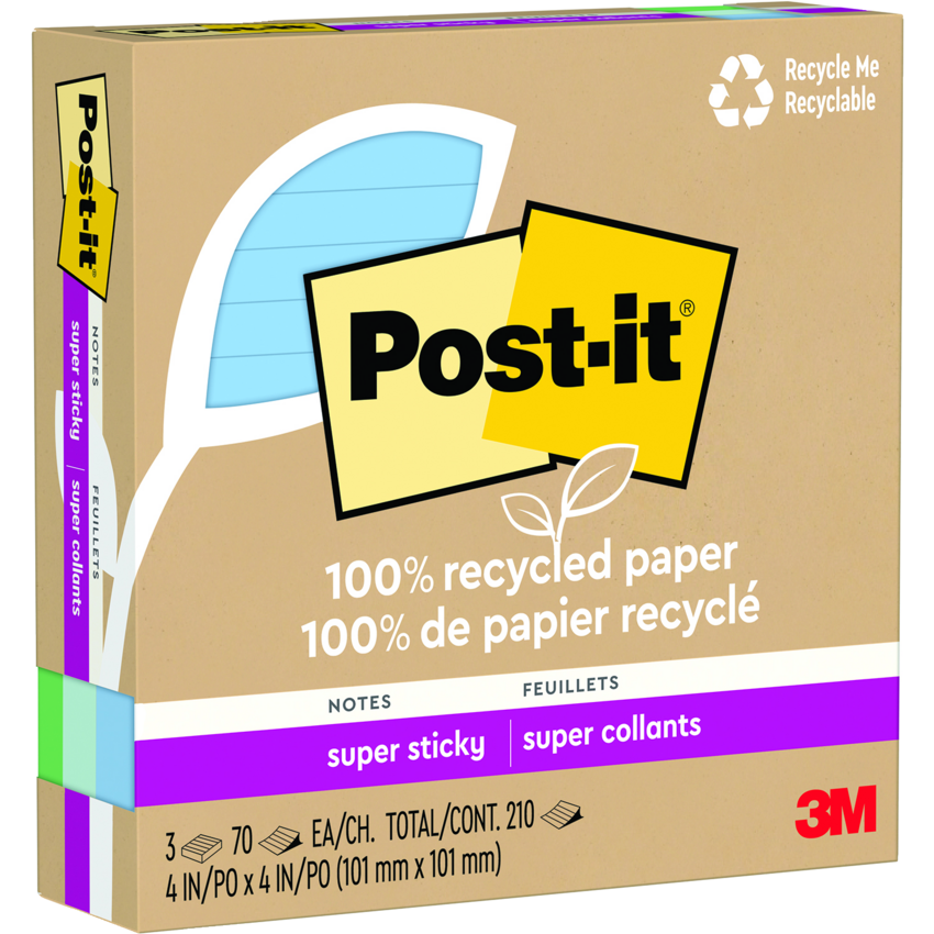 Post-it® 100% Recycled Super Sticky Notes 4" x 4" 70 sheets per pad Assorted Oasis Colours 3 pads/pkg