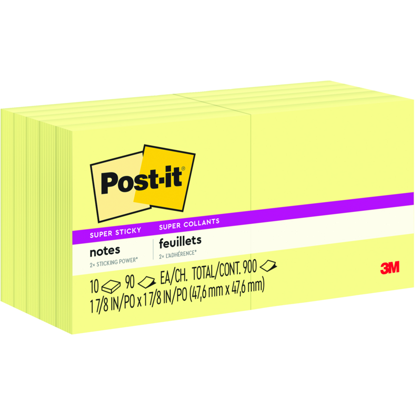 Post-it® Super Sticky Notes 2" x 2" 90 sheets per pad Canary Yellow™ 10 pads/pkg