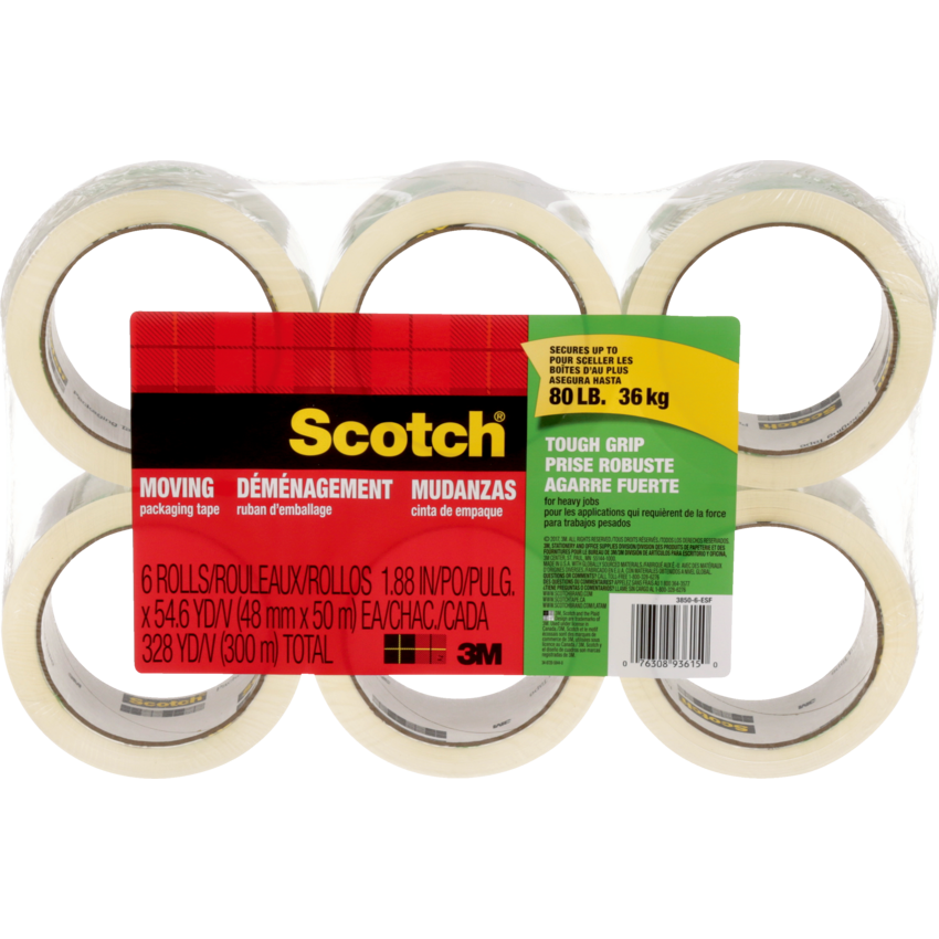Scotch® Tough Grip Moving Packaging Tape 48 mm x 50 m Clear 6/pkg