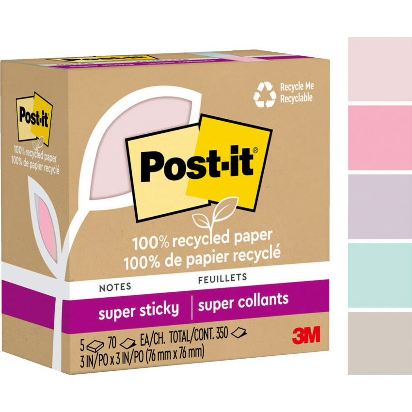 Post-it® 100% Recycled Paper Super Sticky Notes 3" x 3" 70 sheets per pad Assorted Wanderlust Pastel Colours 5 pads/pkg