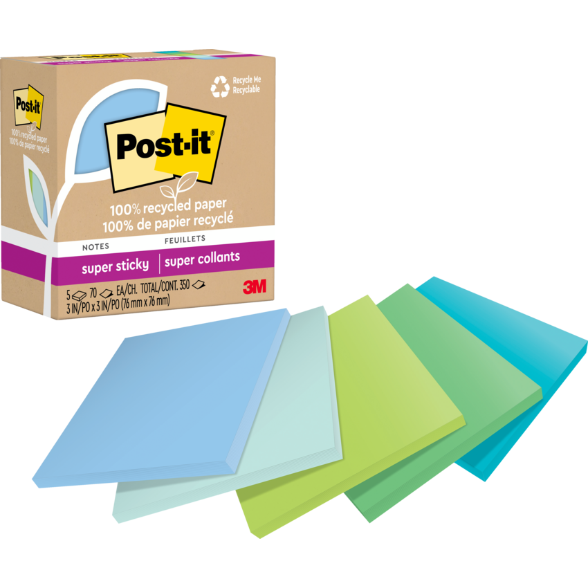 Post-it® 100% Recycled Super Sticky Notes 3" x 3" 70 sheets per pad Assorted Oasis Colours 5 pads/pkg