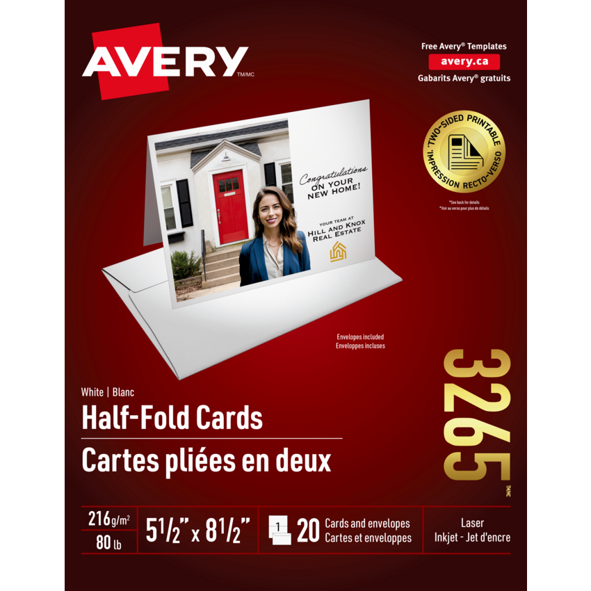 Avery® Half-Fold Greeting Cards 8-1/2" x 5-1/2" White 20 sets/box