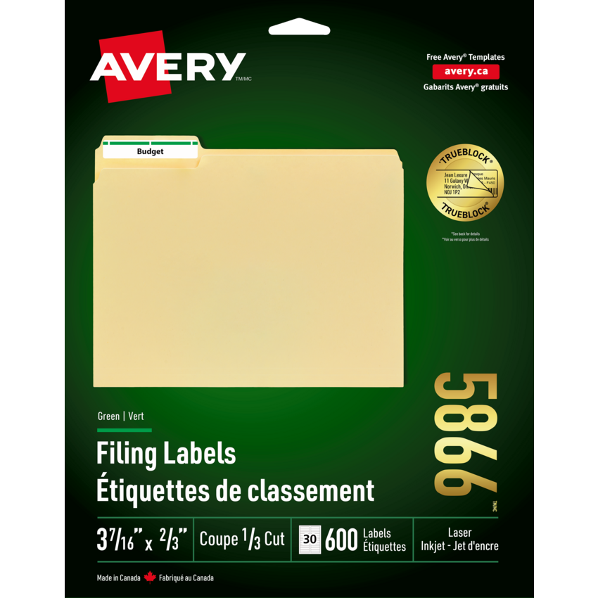 Avery® TrueBlock™ Filing Labels Laser and Inkjet Green (600 Labels) 20 sheets/pkg