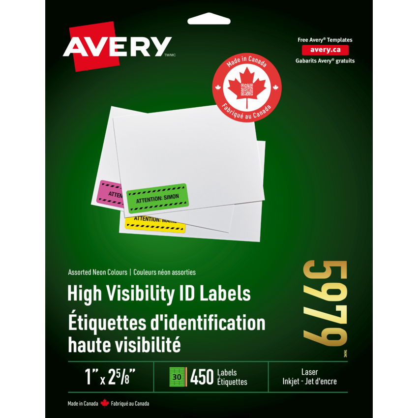 Avery® Neon High Visibility Labels 2-5/8" x 1" (450 Labels) Laser Assorted Colours 15 sheets/pkg
