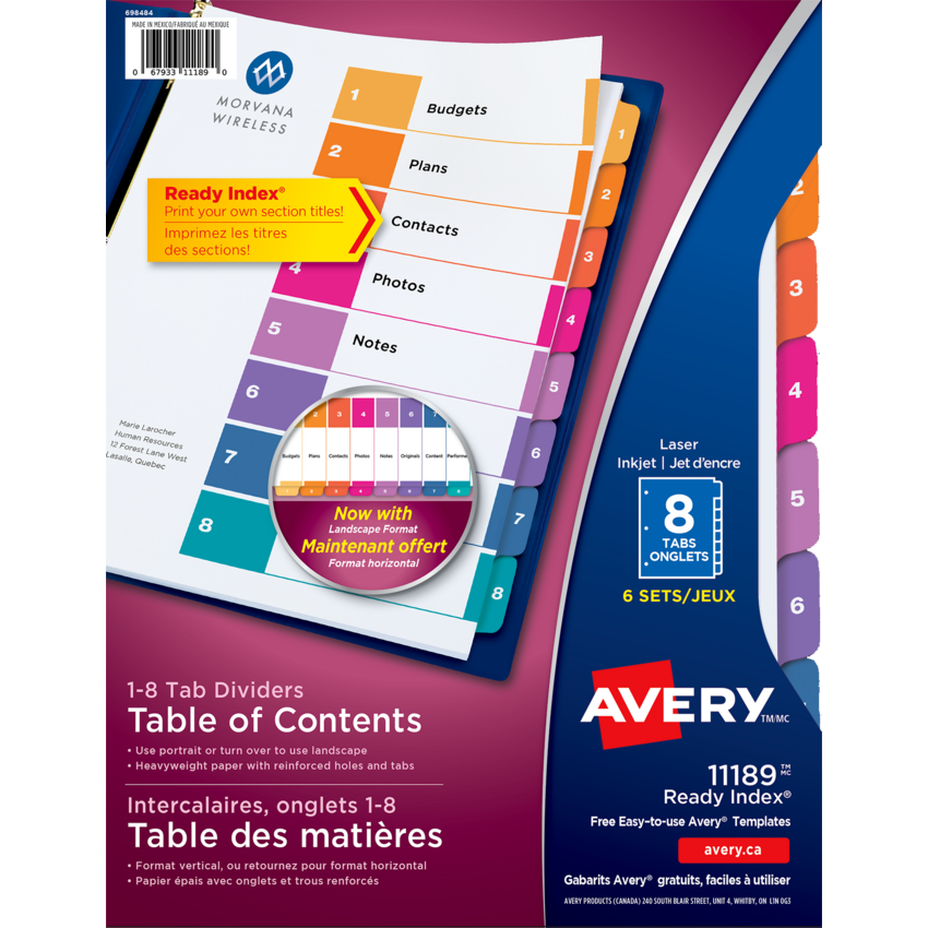 Avery® Ready Index® Table of Contents Dividers Coloured 1-8, 6 sets/pkg