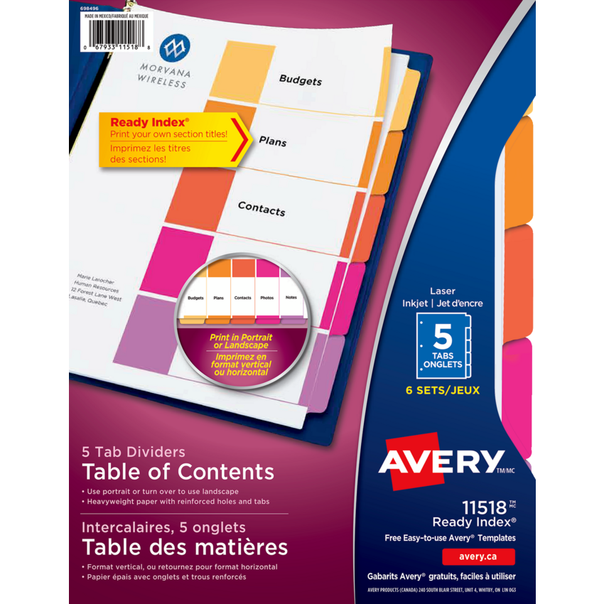 Avery® Ready Index® Table of Contents Dividers Coloured Plain 5-Tabs 6 sets/pkg