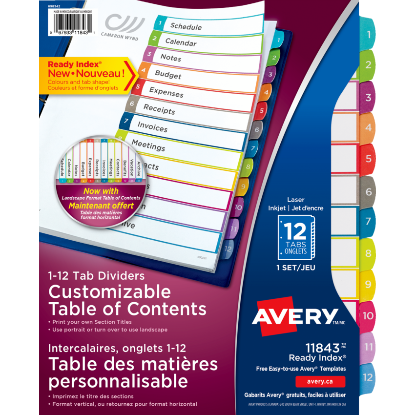 Avery® Ready Index® Customizable Table of Contents Dividers 1-12 Tabs