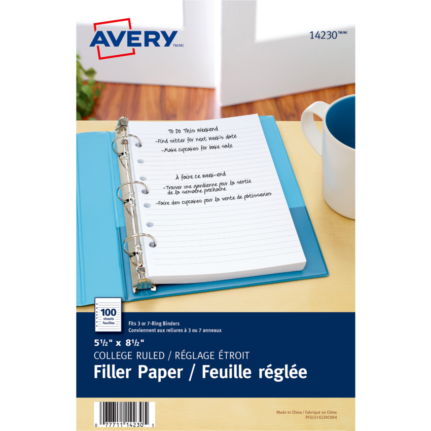 Avery® Filler Paper College Ruled 7-Hole 8-1/2" x 5-1/2" 100 sheets/pkg
