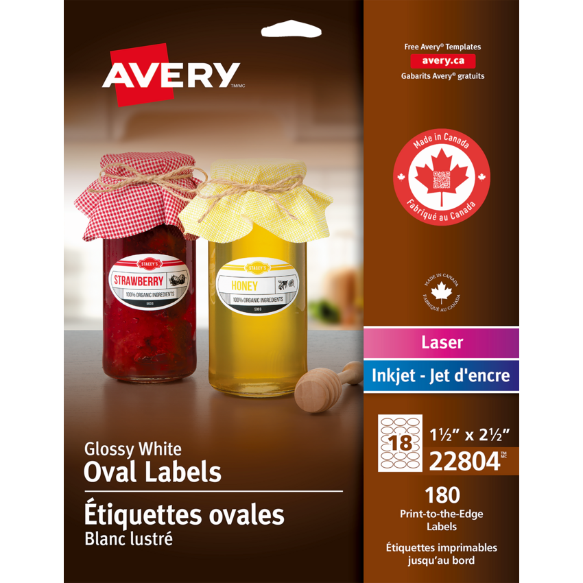 Avery® Print-to-the-Edge Oval Labels 1-1/2" x 2-1/2" Glossy White 180/pkg