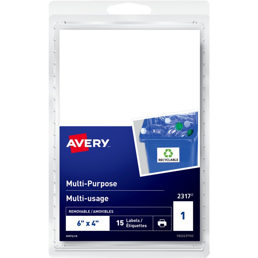 Avery® Print or Write Multi-Purpose Removable Labels 6" x 4" 15/pkg