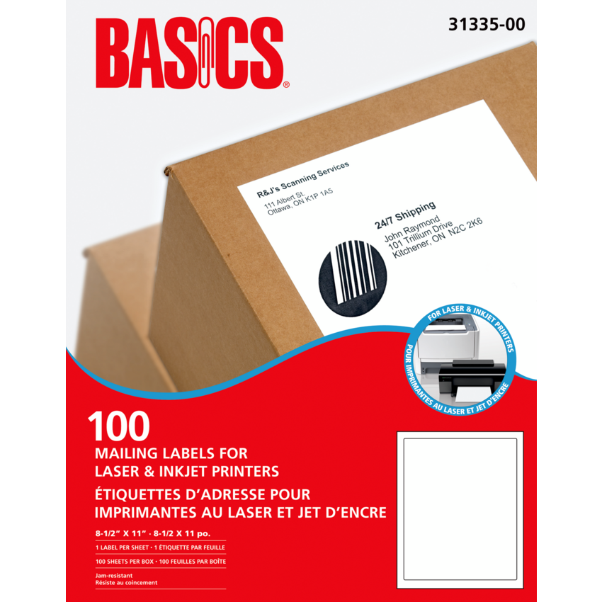 Basics® Mailing Labels for Laser Printers 8-1/2" x 11" White (100 Labels) 100 sheets/box