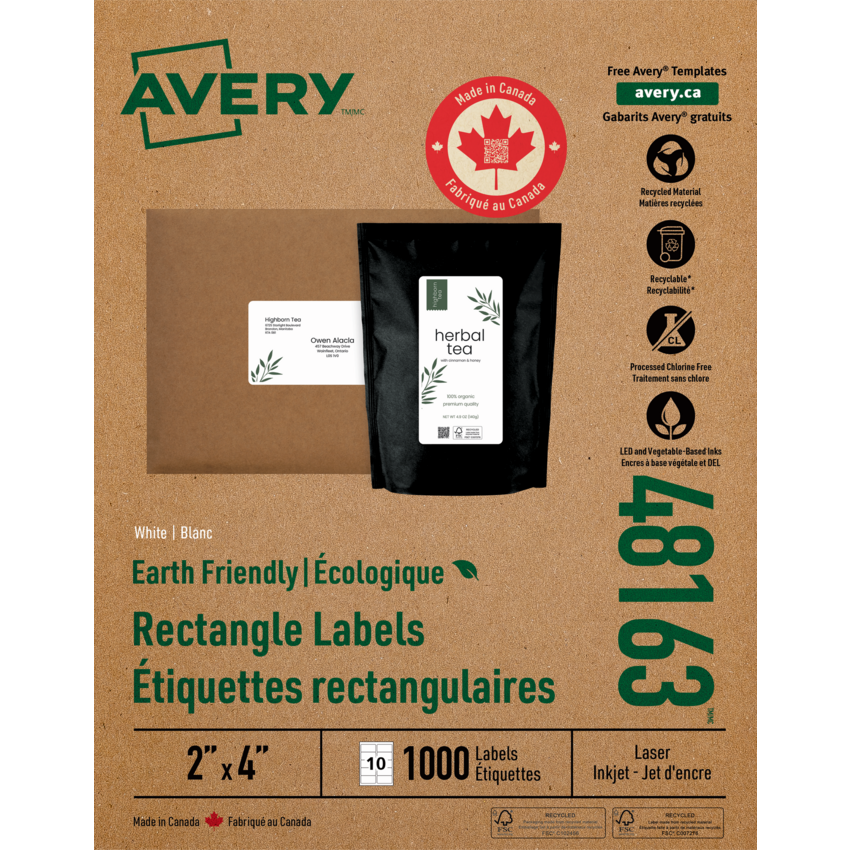Avery® EcoFriendly Mailing Labels 4" x 2" (1,000 Labels) White 100 sheets/box
