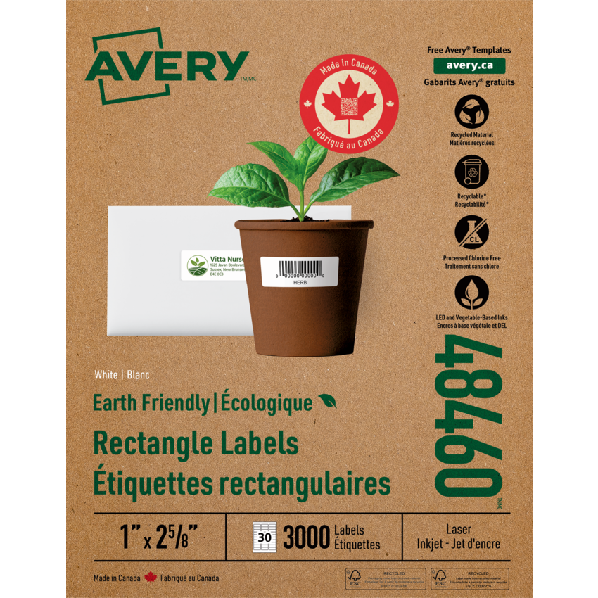 Avery® EcoFriendly Mailing Labels 2-5/8" x 1" (3,000 Labels) White 100 sheets/box