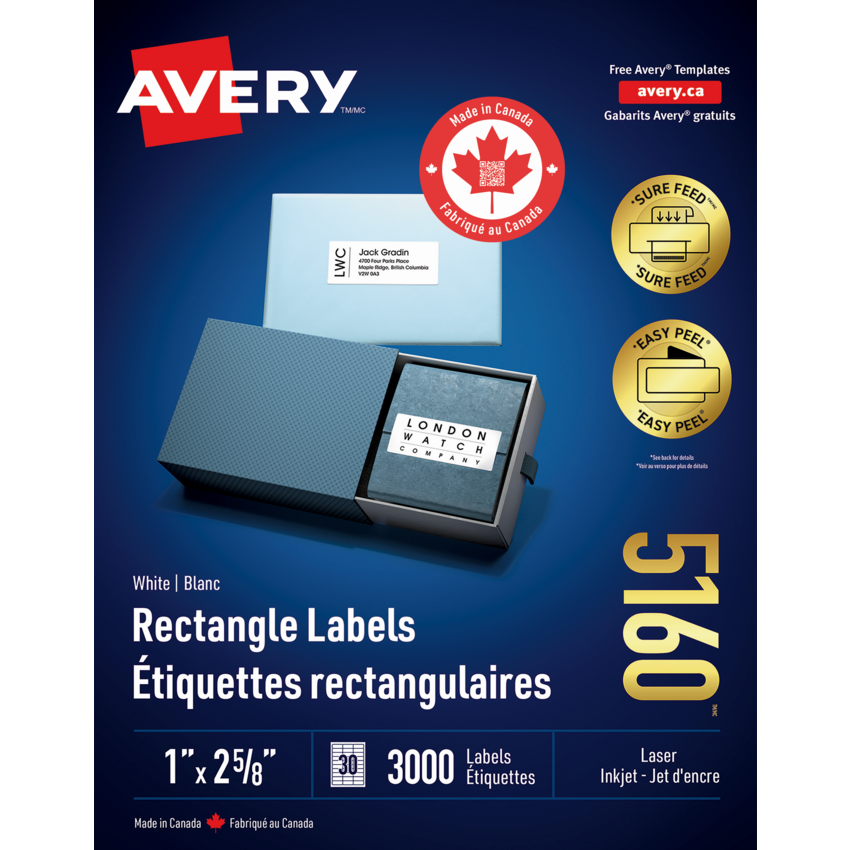 Avery® White Rectangle Labels with Easy Peel® 1" x 2-5/8" (3,000 Labels) Laser and Inkjet White 100 sheets/box