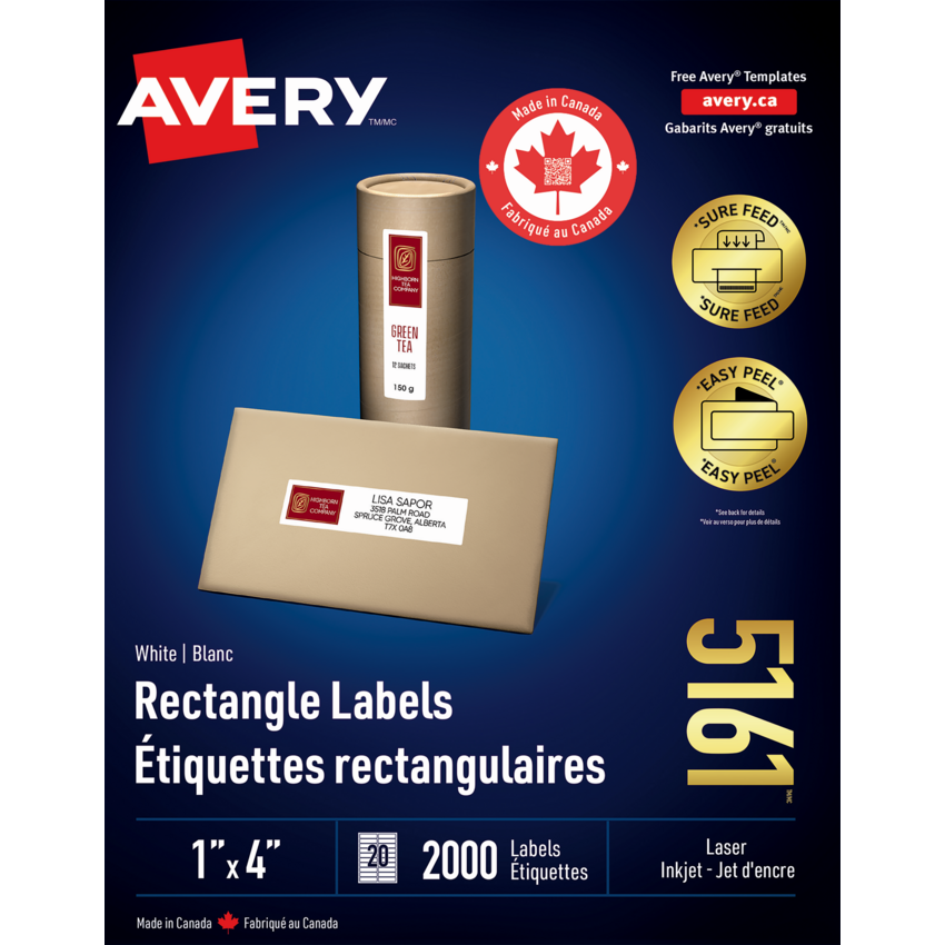 Avery® White Rectangle Labels with Easy Peel® 1" x 4" (2,000 Labels) Laser and Inkjet White 100 sheets/box
