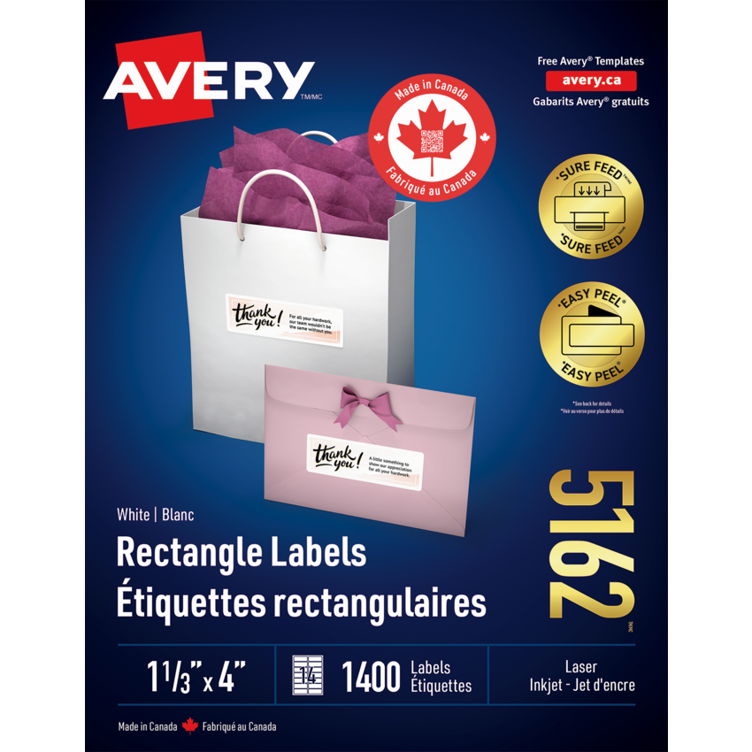 Avery® White Rectangle Labels with Easy Peel® 1-1/3" x 4" (1,400 Labels) Laser and Inkjet White 100 sheets/box