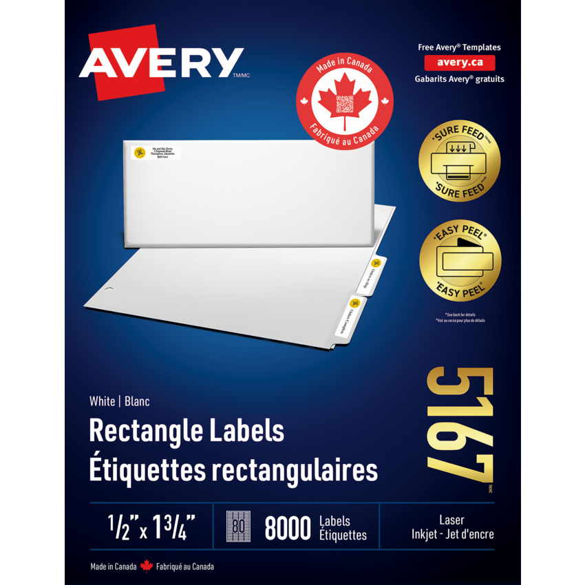 Avery® White Rectangle Labels with Easy Peel® 1/2" x 1-3/4" (8,000 Labels) Laser and Inkjet White 100 sheets/box