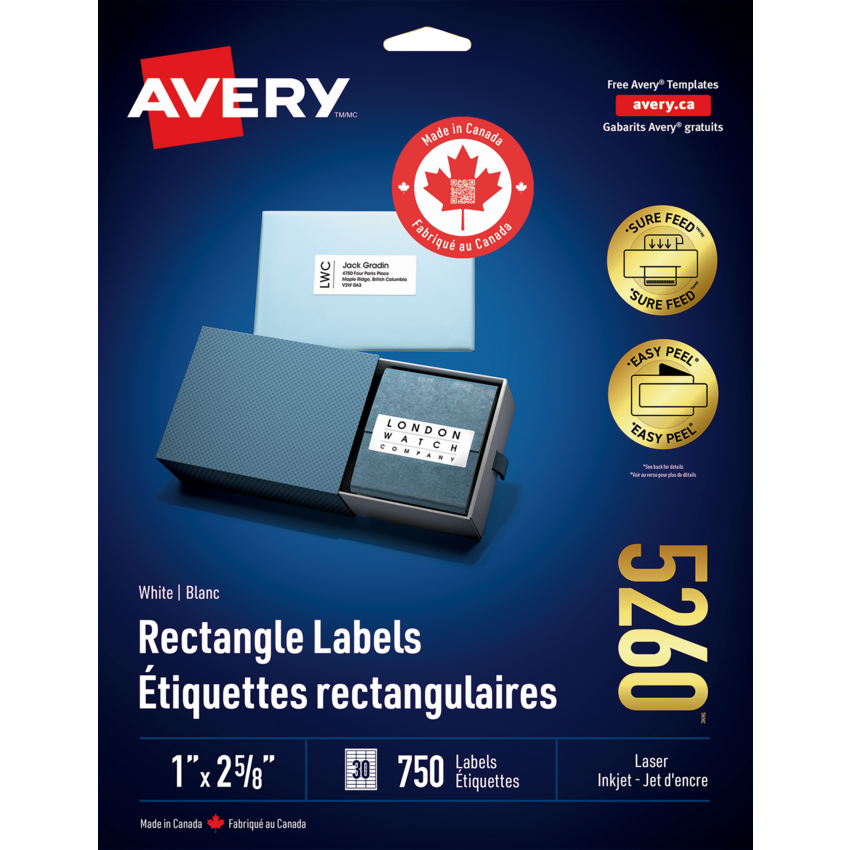 Avery® White Rectangle Labels with Easy Peel® 1" x 2-5/8" (750 Labels) Laser and Inkjet White 25 sheets/pkg