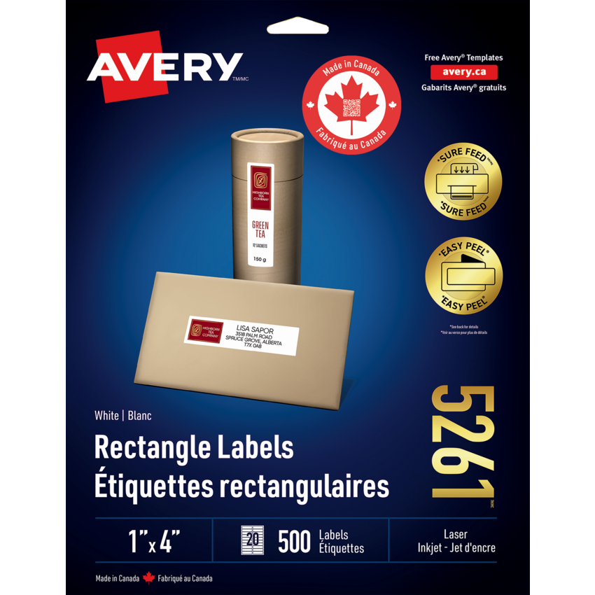 Avery® White Rectangle Labels with Easy Peel® 1" x 4" (500 Labels) Laser and Inkjet White 25 sheets/pkg