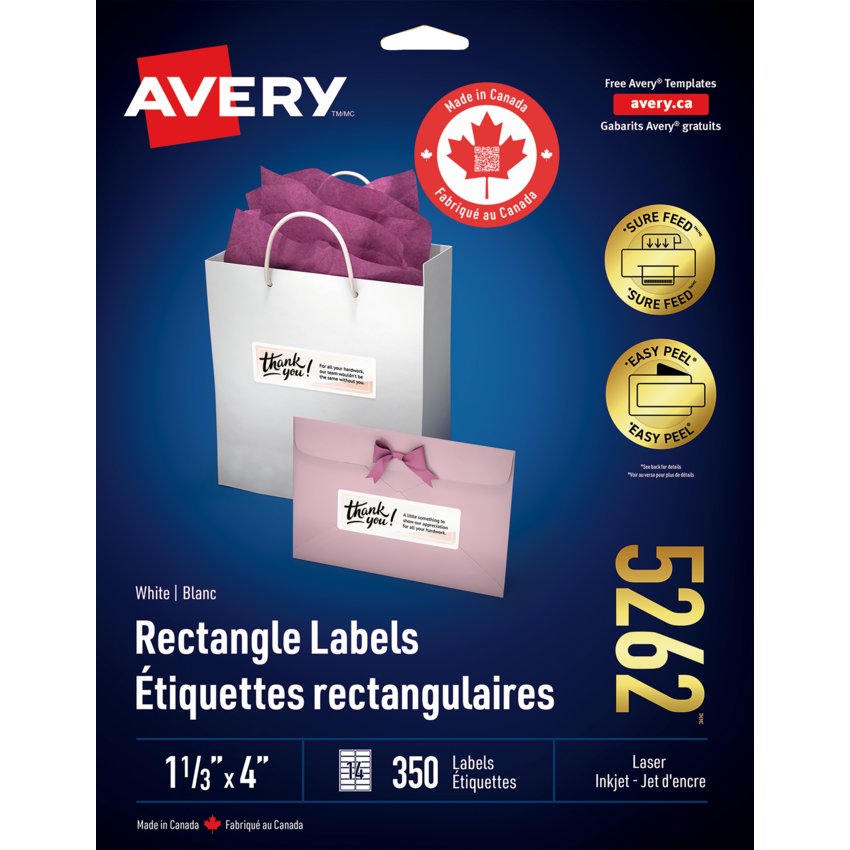 Avery® White Rectangle Labels with Easy Peel® 1-1/3" x 4" (350 Labels) Laser and Inkjet White 25 sheets/pkg