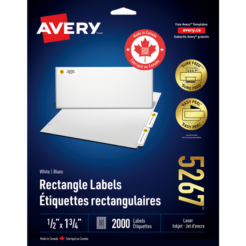 Avery® White Rectangle Labels with Easy Peel® 1/2" x 1-3/4" (2,000 Labels) Laser and Inkjet White 25 sheets/pkg