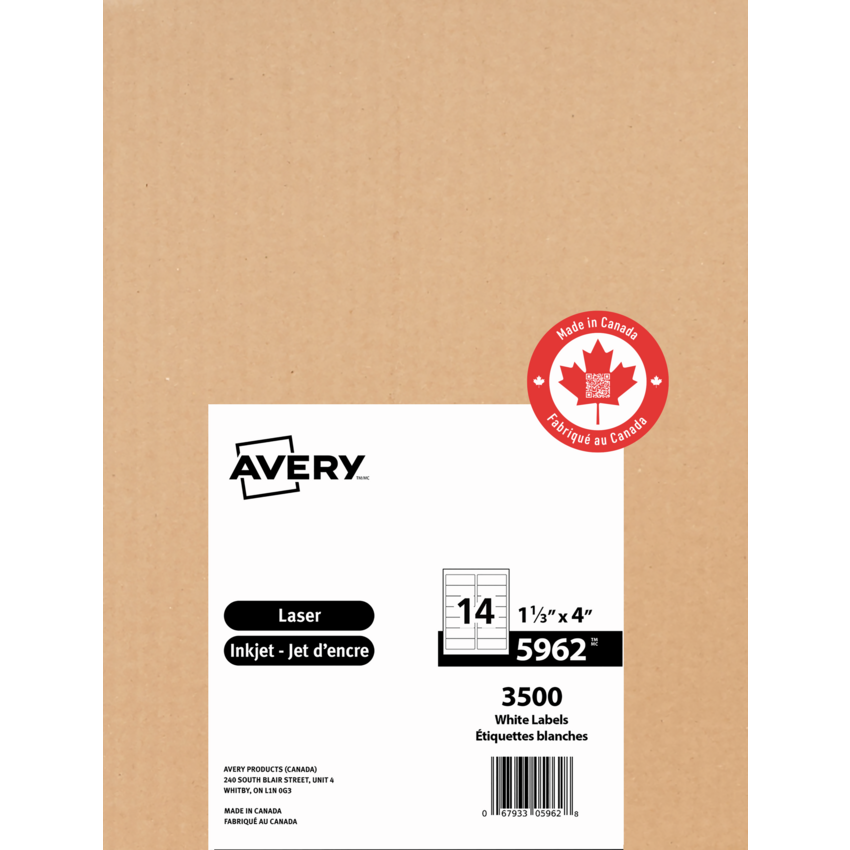 Avery® White Rectangle Labels with Easy Peel® 1-1/3" x 4" (3,500 Labels) Laser and Inkjet White 250 sheets/box