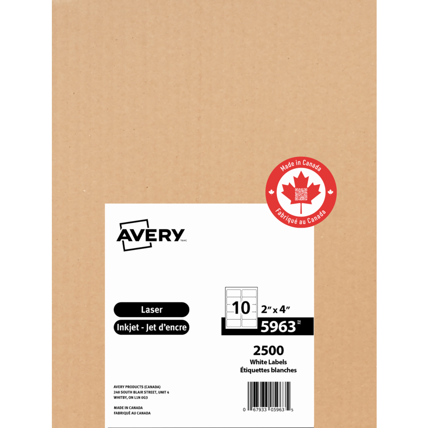 Avery® TrueBlock™  Shipping Labels 2" x 4" (2,500 Labels) Laser White 250 sheets/box