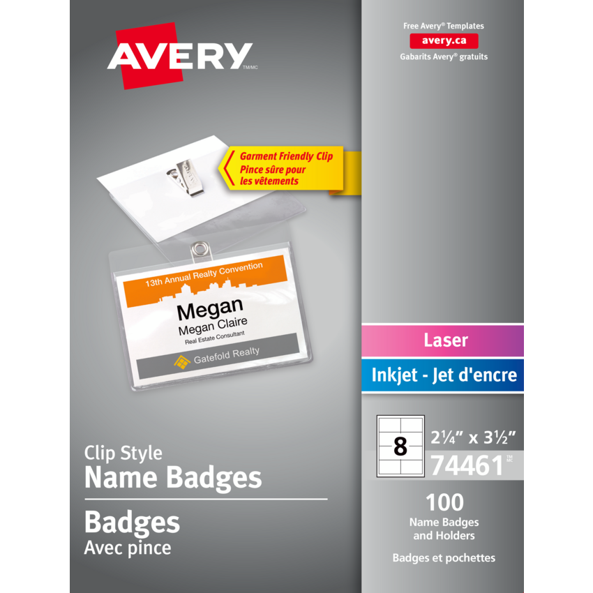 Avery® Name Badge Kits Clip Style 2-1/4" x 3-1/2" 100/pkg