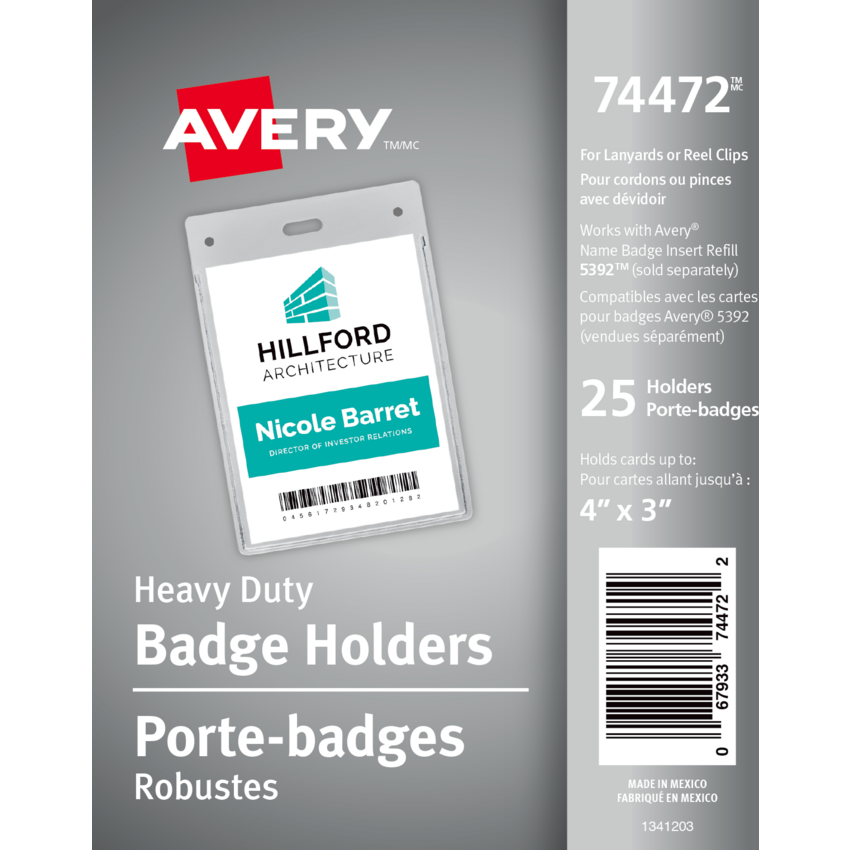 Avery® Heavy® Duty Name Badge Holders Vertical 4" x 3" 25/pkg