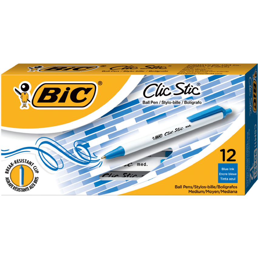 Bic® Clic Stic® Retractable Ball Point Pen Medium Point Blue 12/box