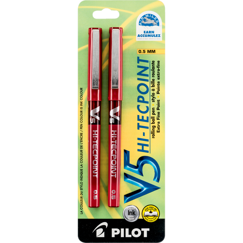 Pilot® Hi-Tecpoint V5 Roller Pen 0.5 mm Red 2/pkg