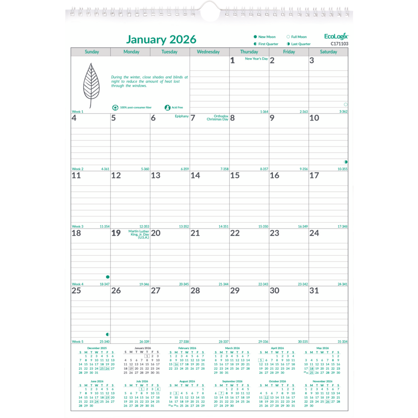 Brownline® EcoLogix® Monthly Wall Calendar 12" x 17" English