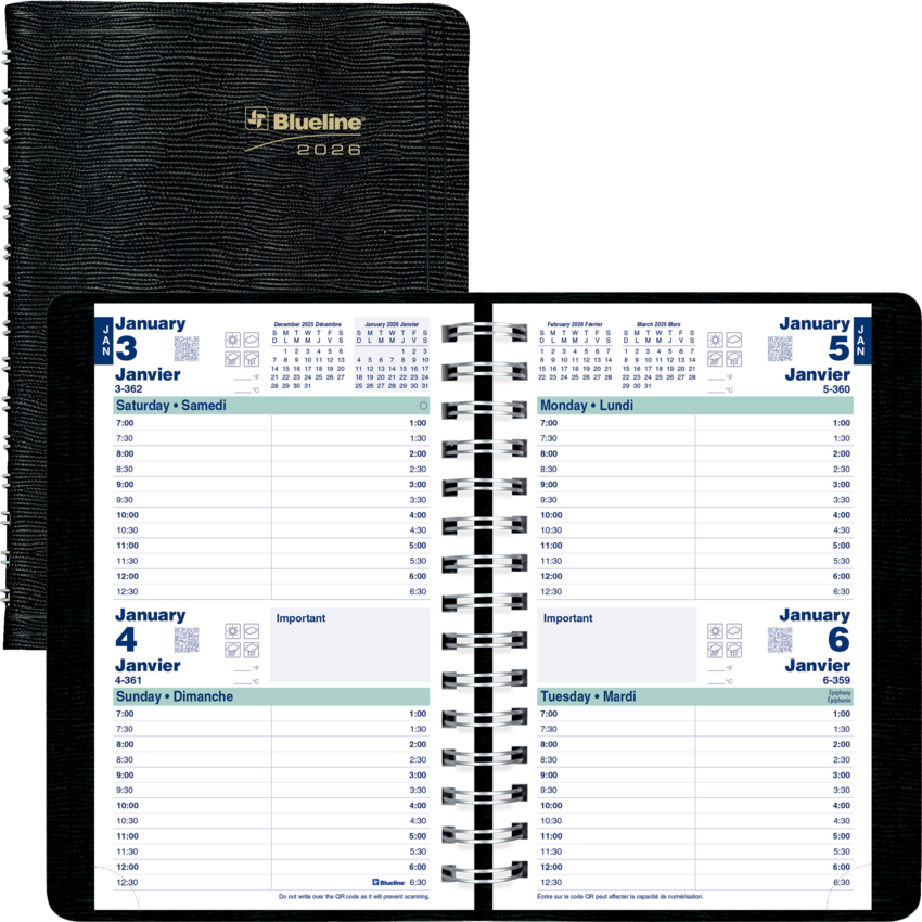 Blueline® Essential Two Days Diary Bilingual 8x5 Blk