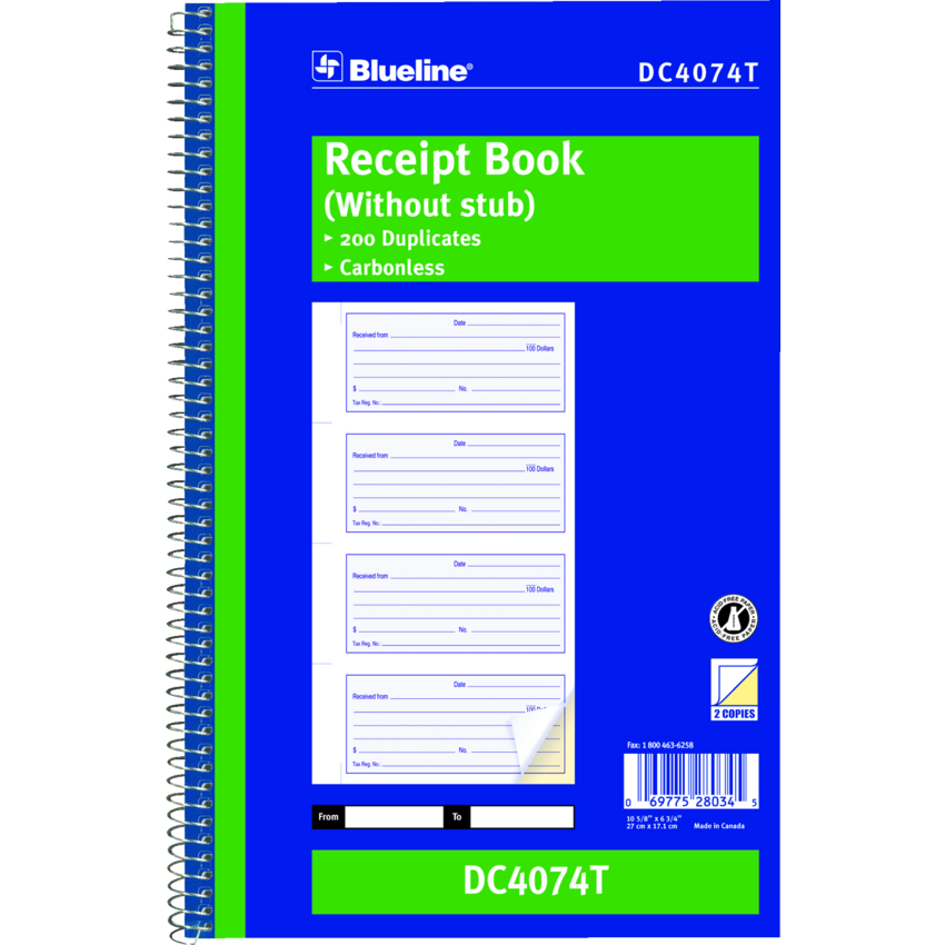 Blueline® Receipt Book Carbonless 2-Part 200 sets English
