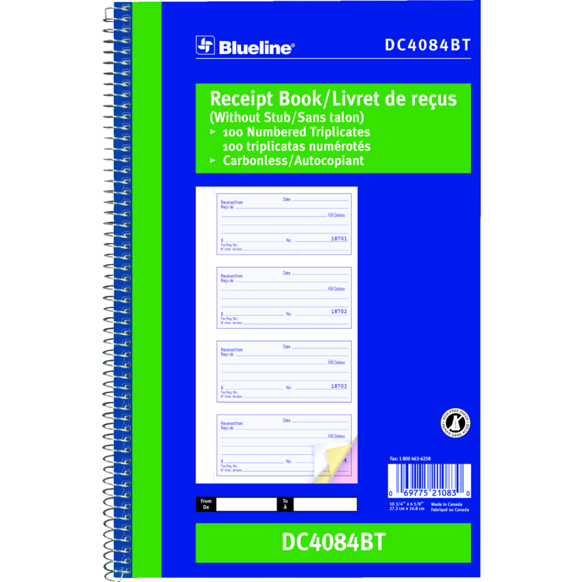 Blueline® Receipt Book Carbonless 3-Part 100 sets Bilingual