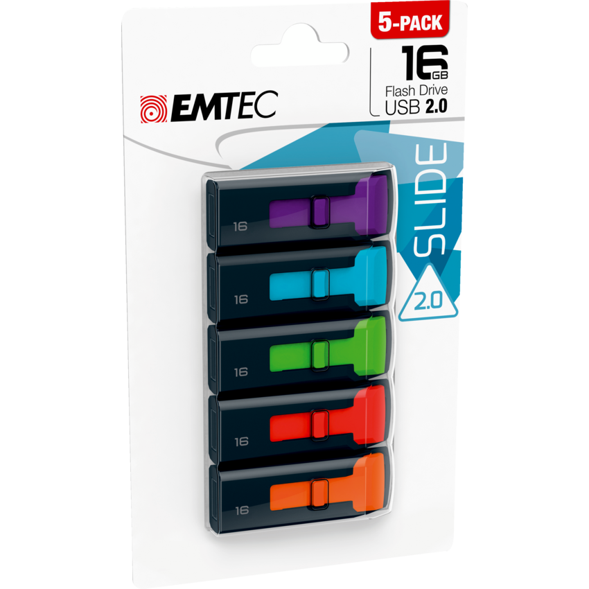 Emtec™ Slide 2.0 USB Flash Drives 16 GB Assorted Colours 5/pkg