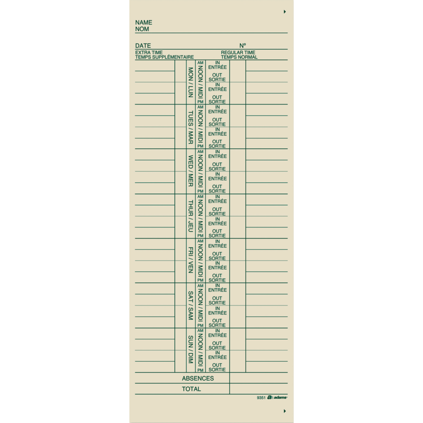 Adams™ Time Cards Bilingual 250/pkg