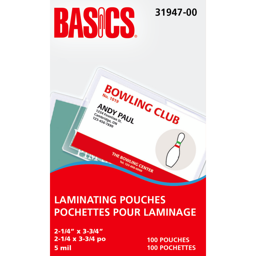Basics® Laminating Pouches 5 mil 2-1/4" x 3-3/4" 100/pkg