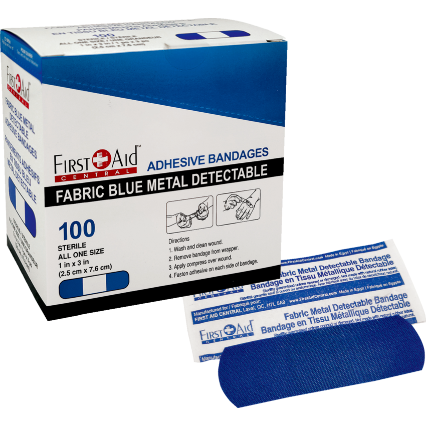 First Aid Central® Blue Metal Detectable Adhesive Bandages 1" x 3" 100/box