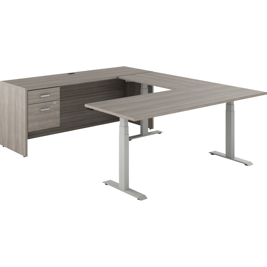 Offices to Go® Newland™ U-Shaped Desk with 3-Stage Height Adjustable Table and Hanging box/file pedestal 72"W x 95"D x 29-3/5"H Tungsten/Noce Grigio finish