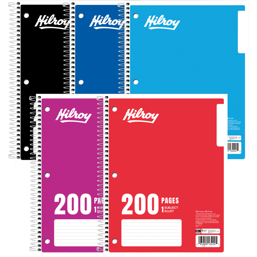 Hilroy 1-Subject Notebooks Coil Bound 200 pages 10-1/2" x 8" Assorted Colours