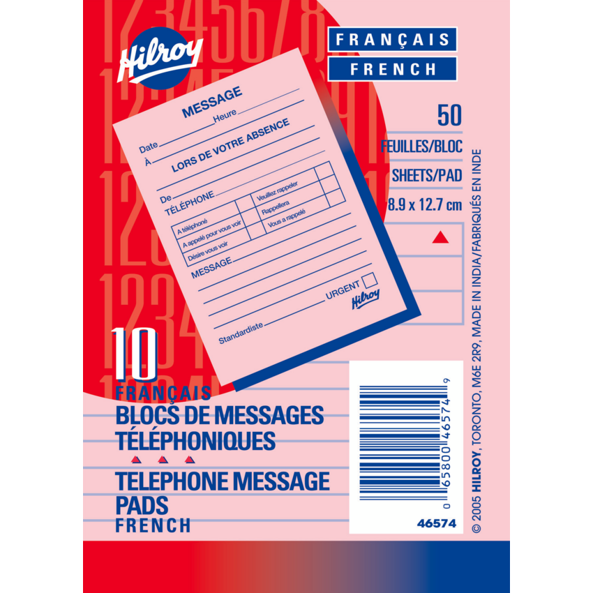 Hilroy Telephone Message Pad 3-1/2" x 5" 50 sheets per pad French 10/pkg
