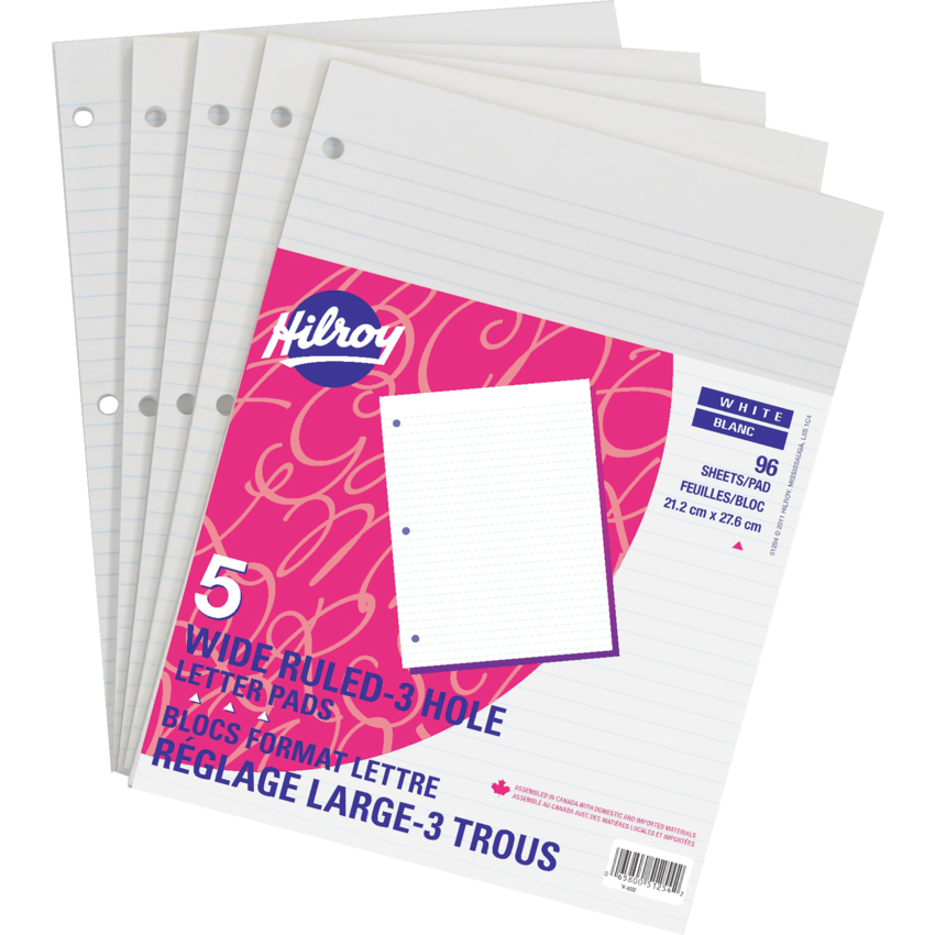 Hilroy Letter Writing Pads Wide Rule Three-hole Punched 96 sheets per pad 5/pkg