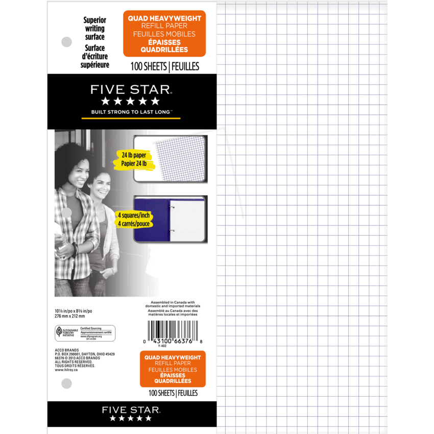 Five Star® Quad Refill Paper 4-1" 100/pkg