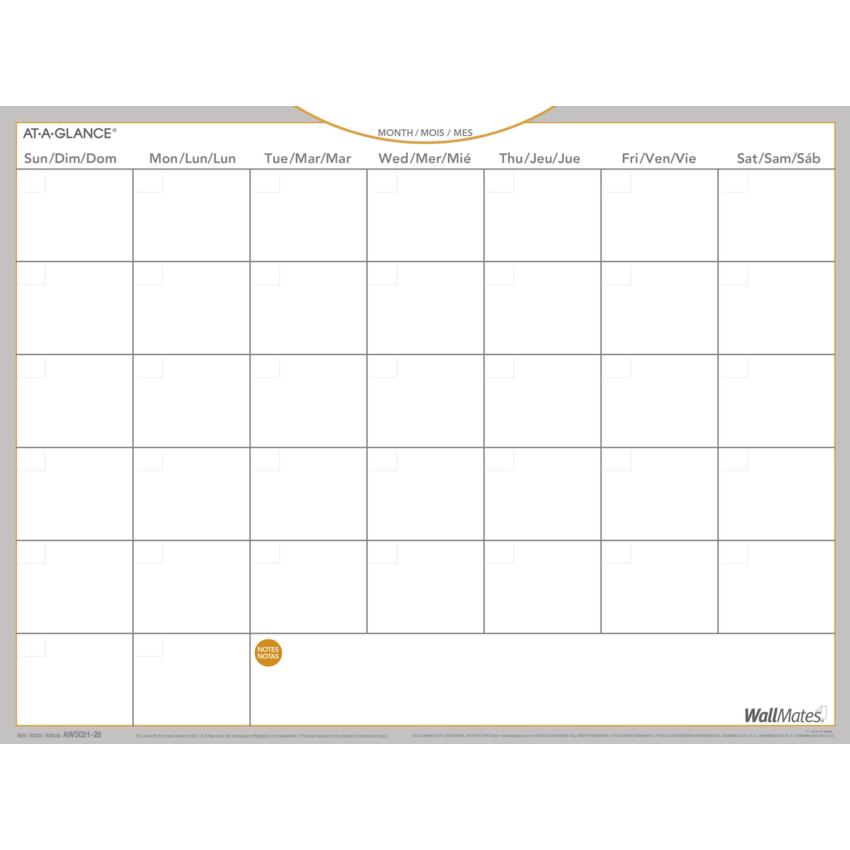 AT-A-GLANCE® WallMates™ Self-Adhesive Dry Erase Monthly Planner 18" x 24" Trilingual