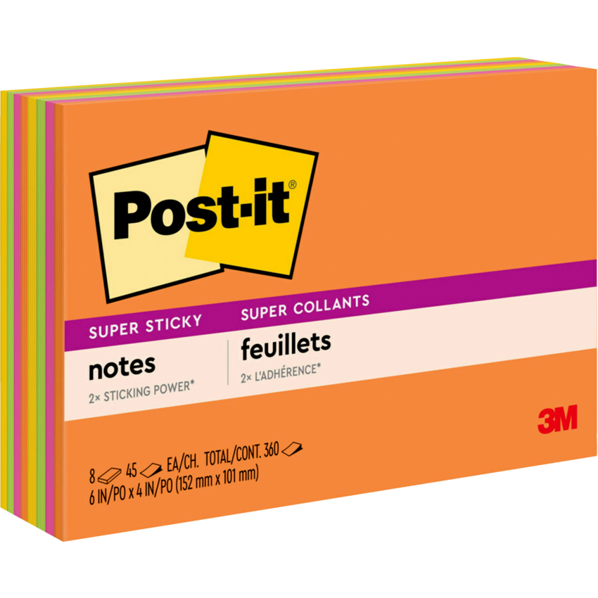 Post-it® Super Sticky Meeting Notes 6" x 4" 45 sheets per pad Assorted Energy Boost Colours 8 pads/pkg