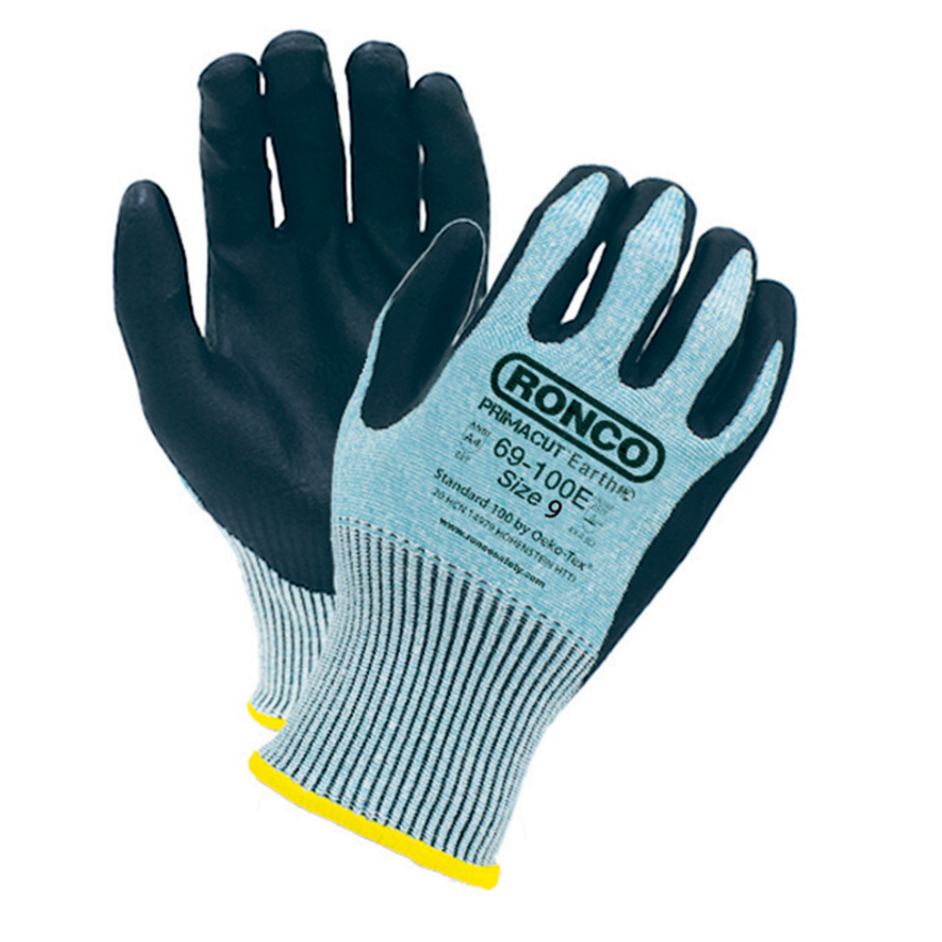 RONCO PrimaCut™ Earth Foam Nitrile Coated Cut Resistant Gloves Large Black on Green 6 pairs/pkg