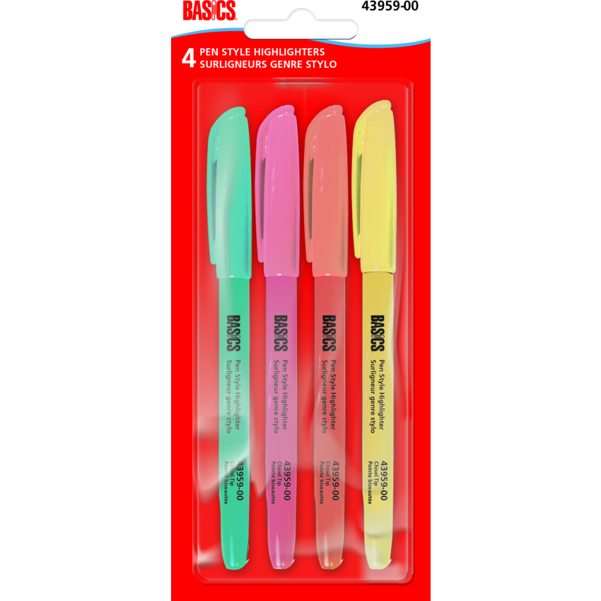 Basics® Pen Style Highlighters Assorted Pastel Colours 4/pkg