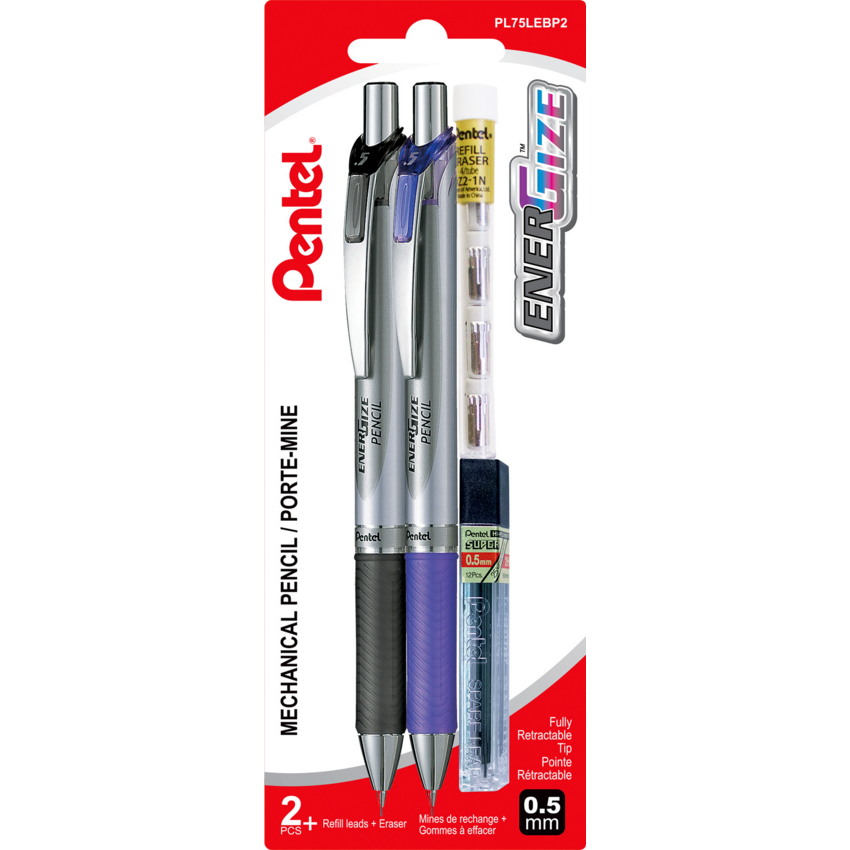 Pentel® EnerGize® Mechanical Pencils 0.5 mm with Lead and Eraser Refills 0.5 mm Bounus Black and Blue Barrel 2/pkg